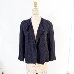 Eileen Fisher Charcoal Gray Linen Open Raw Fringed Edge Jacket Blazer sz M